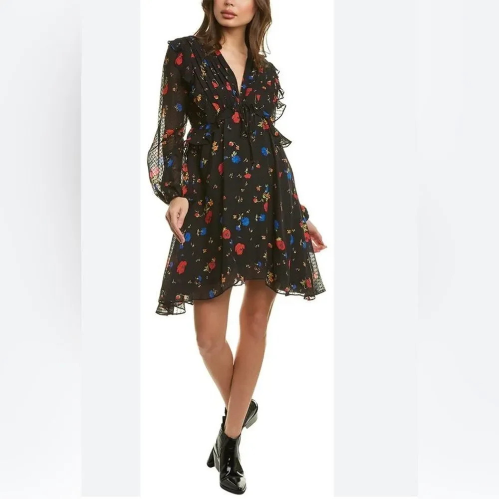 The Kooples Paris Black Daydream Flowers Silk Mini Dress Size 0
